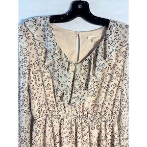 Leopard Print Long-Sleeve Ruffled Dress With Elastic Waist & Flounce Hem - Beige